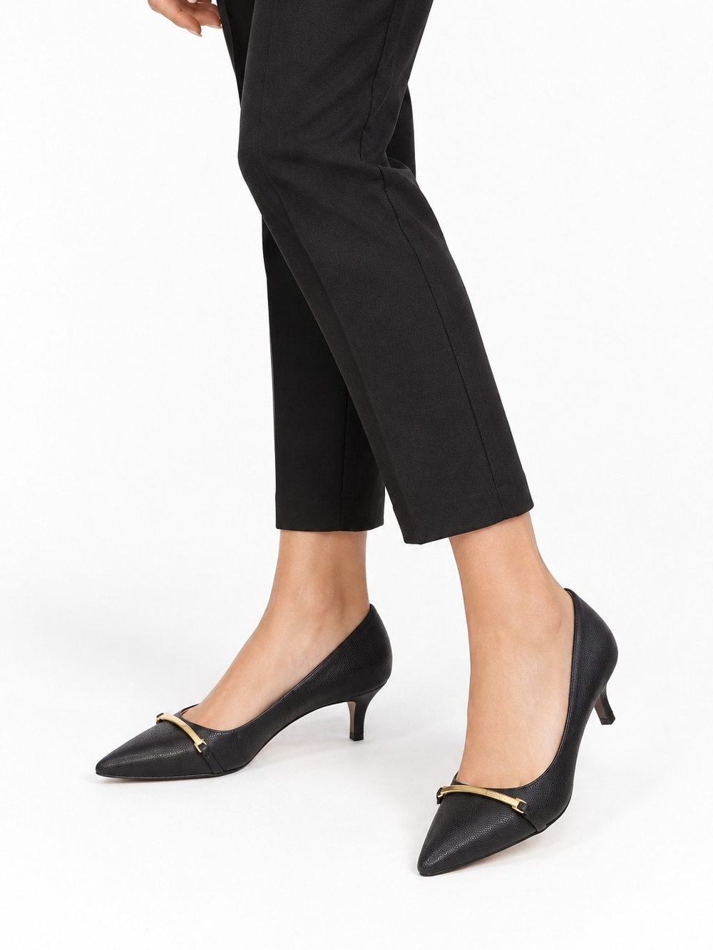 Calvin Klein Black Pointed-Toe Kitten Heel Pumps with Gold Accent Size 7.5